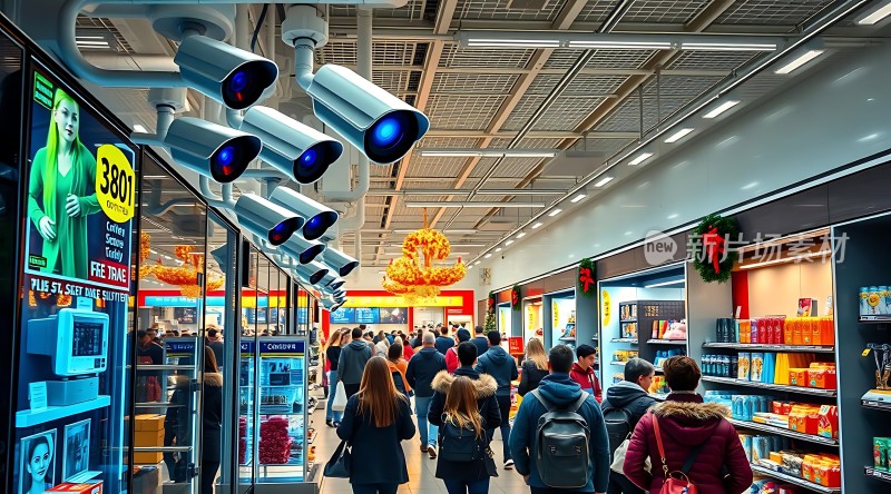 新片场素材繁忙超市内景顾客购物场景监控摄像头俯拍视角