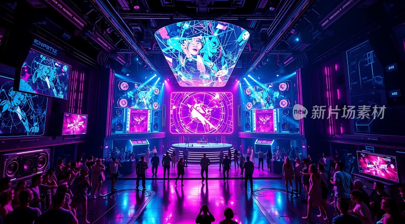 未来科技感派对现场霓虹灯光璀璨人群狂欢