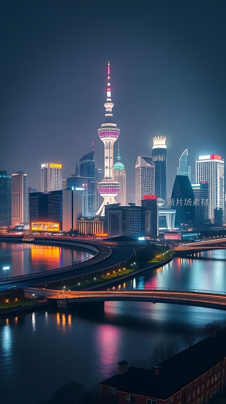 东方明珠璀璨夜景黄浦江畔繁华都市