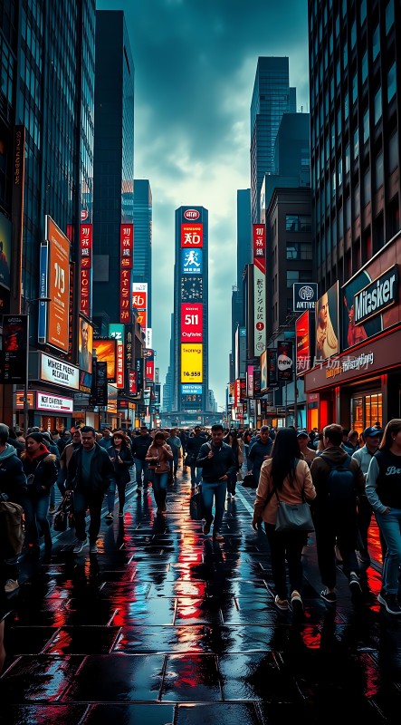 繁华都市街头霓虹闪烁人群熙攘