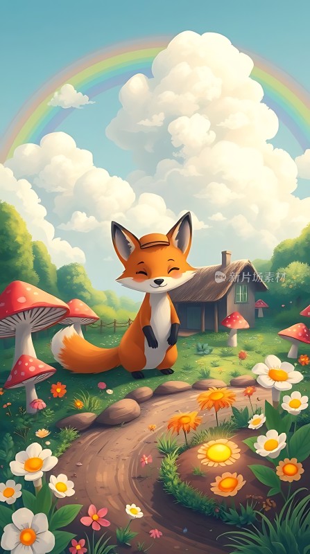 彩虹下的快乐小狐狸