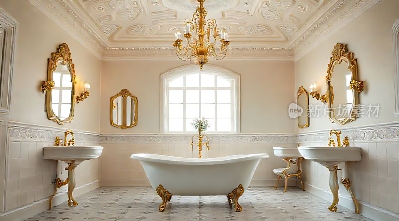 金色卫浴奢华浴缸双洗手台