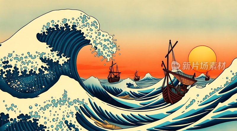 海浪与夕阳下的帆船