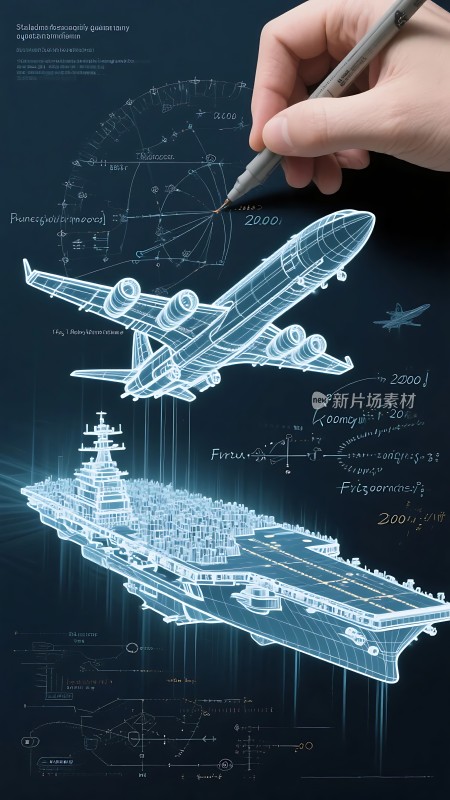 科技绘图飞机与航母设计蓝图