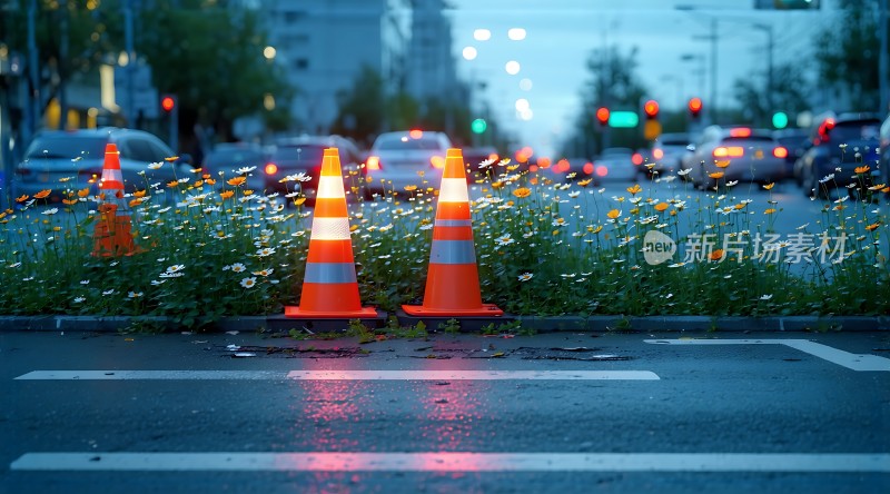 城市夜晚的宁静与喧嚣交通锥下的花朵