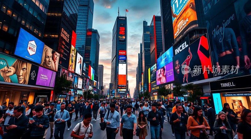 繁华都市街头人群熙攘霓虹闪烁广告牌林立