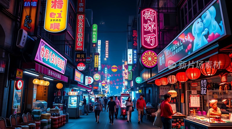 霓虹灯下的繁华夜市热闹非凡