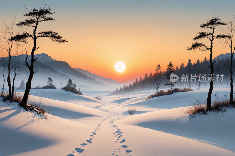 雪景有树木和通往日落的小径高清风景图片