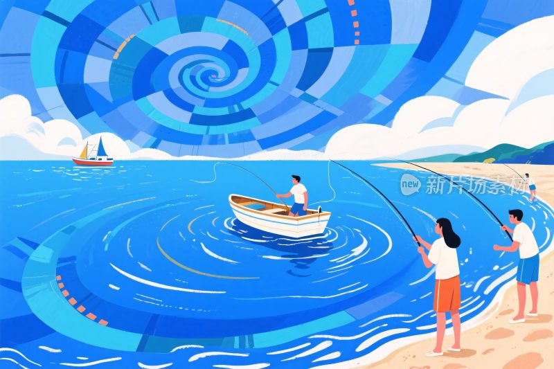 海边垂钓插画场景