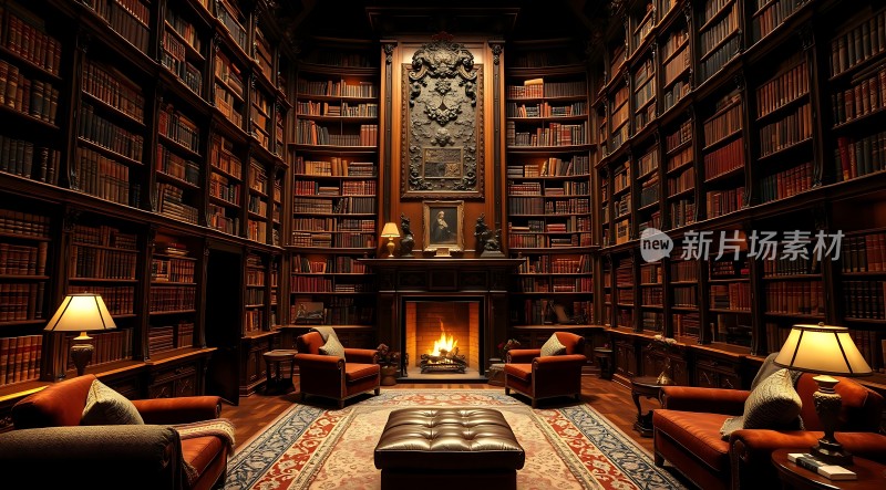 古色古香书房书架、壁炉和沙发椅营造温馨氛围