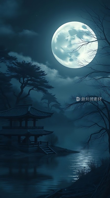 月下古亭静卧湖畔