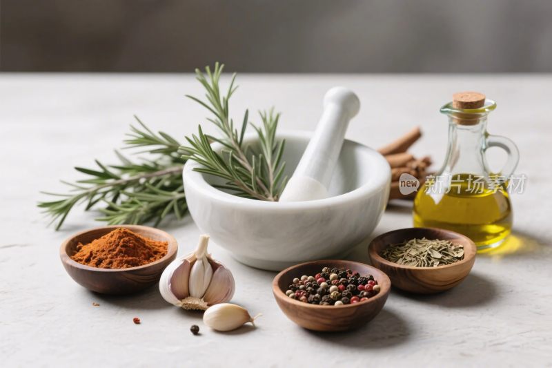 桌上摆放的各式烹饪香料食材