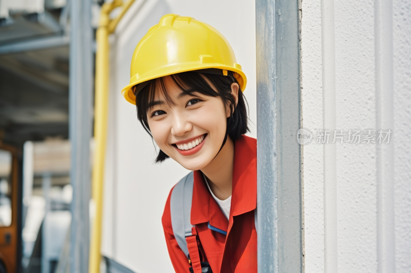 戴着安全帽靠在墙上的女人高清图片