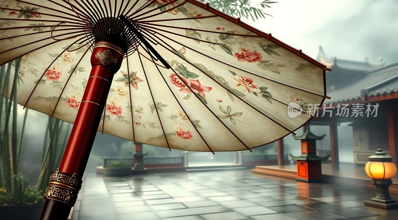 古风油纸伞下的静谧庭院