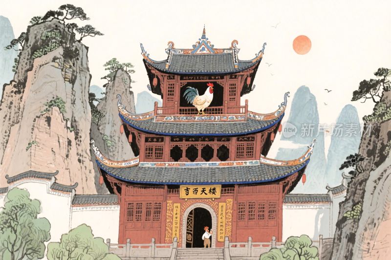 古建寺庙山水插画