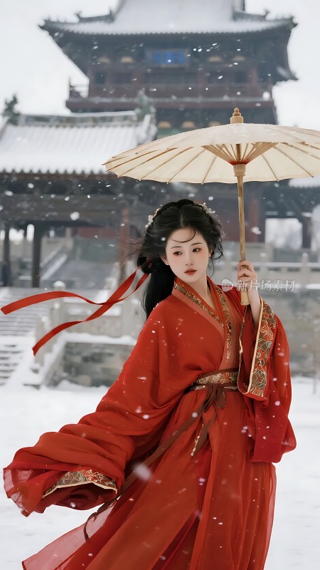 雪中红衣佳人撑油纸伞