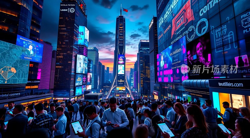 繁华都市夜景霓虹闪烁人群熙攘