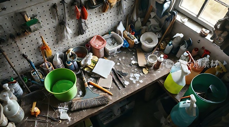 工作台上的清洁用品和工具