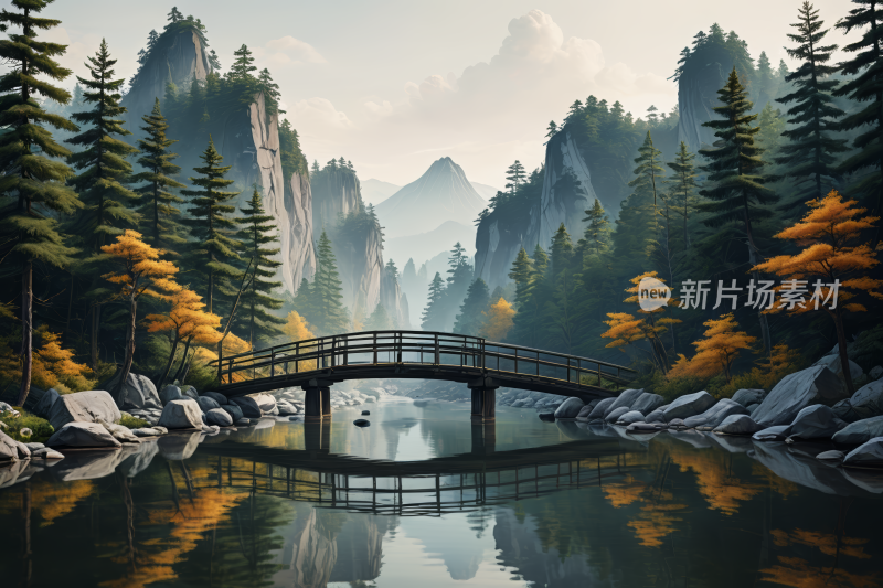 山地景观中河上桥梁的绘高清风景插画图片