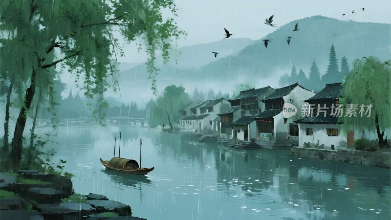 水墨风江南水乡风景图