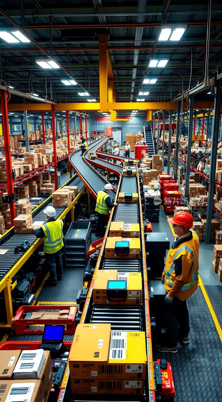 高效物流中心智能分拣系统工人忙碌作业仓库繁忙有序