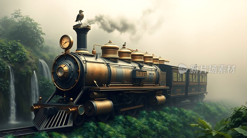 蒸汽火车穿越绿意盎然的山谷