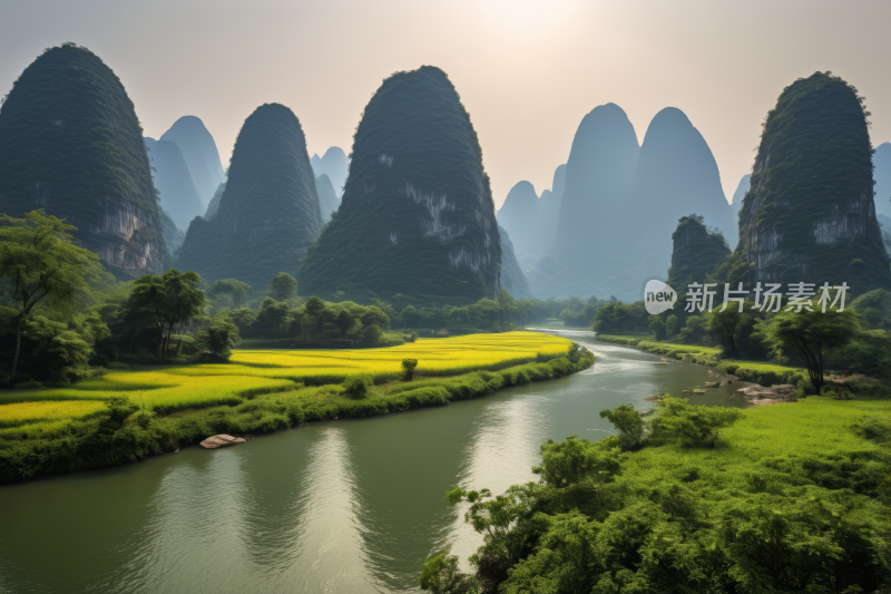 位于山谷中河流和山脉高清风景图片