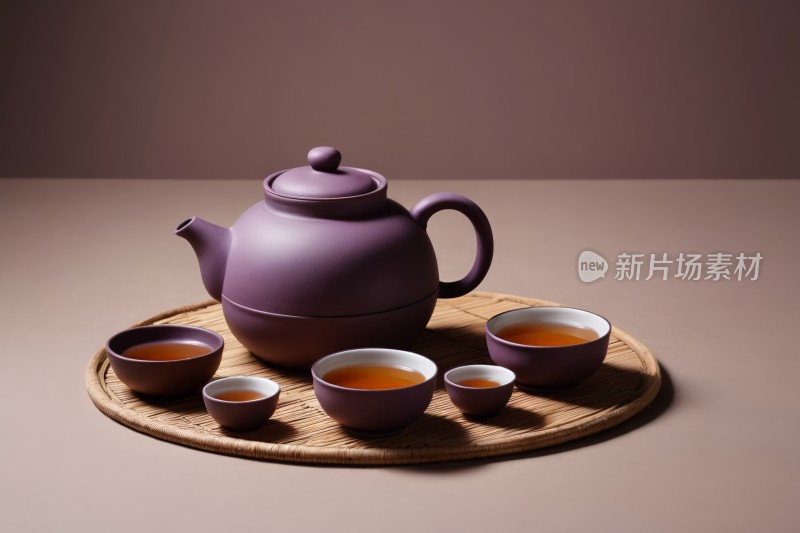 紫色茶壶和杯子放在棕色背景的托盘上图片