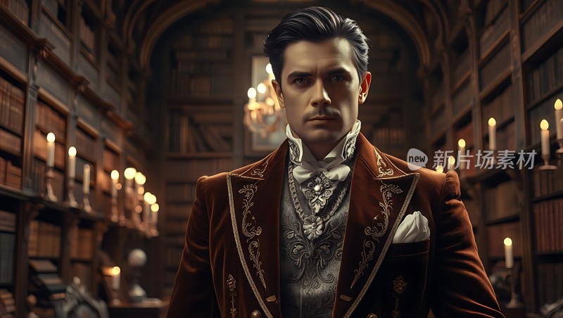 新片场素材 优雅绅士在古老图书馆中