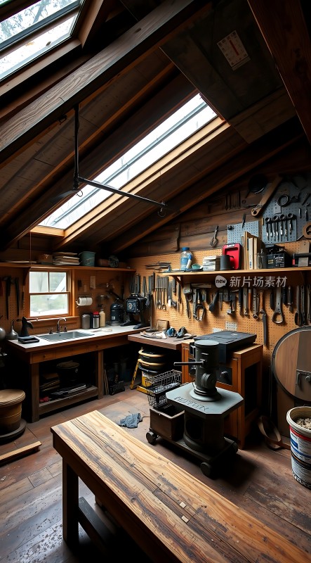 阳光下的木工坊工具齐全工作台整洁