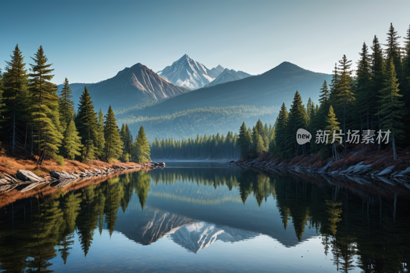 山倒映在树木和岩石的湖中高清风景插图片