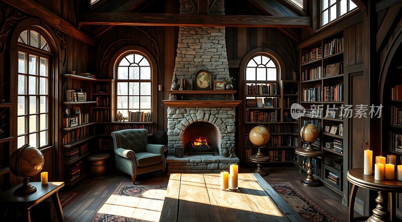 古色古香书房石砌壁炉与书架环绕营造温馨阅读氛围