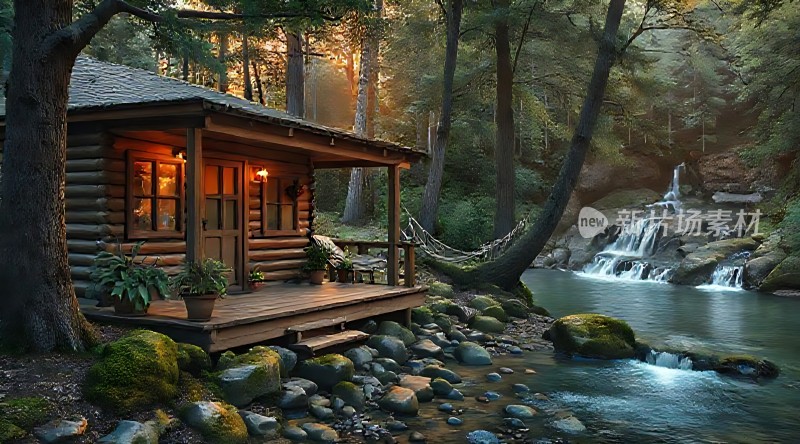 森林小木屋旁的宁静瀑布
