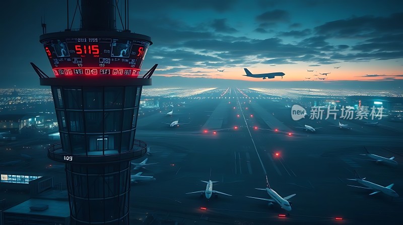 繁忙机场夜幕下的飞行指挥塔与多架飞机起飞降落场景