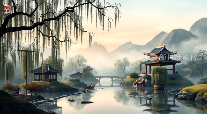 湖边古亭柳垂岸山水环绕映小桥