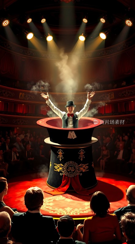 魔术师从帽子里现身观众惊叹不已