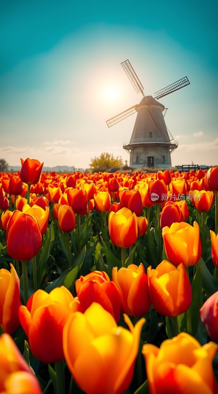 阳光下的风车与郁金香花海