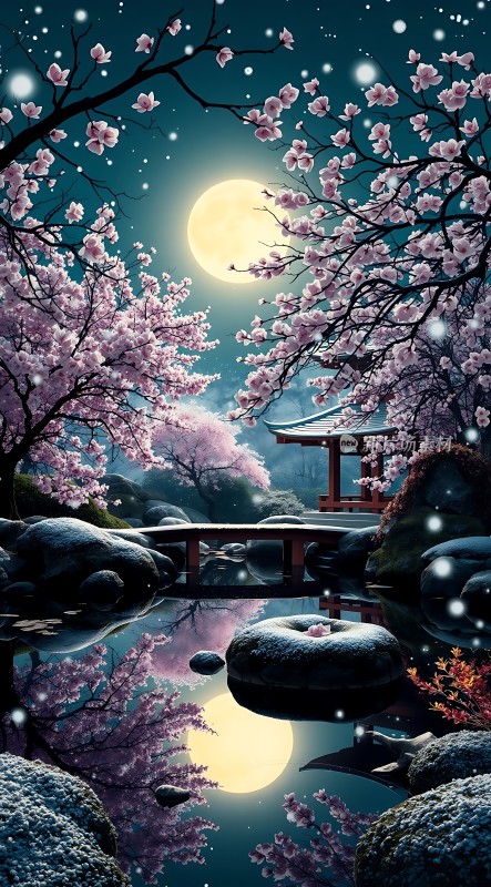 春夜月下樱花湖畔