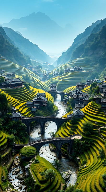 梯田人家山水画卷