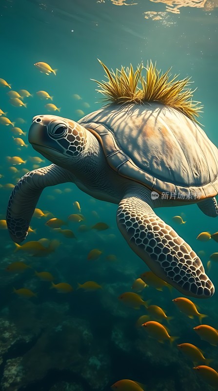 海龟与鱼群共舞水下世界