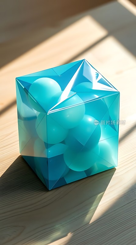 透明立方体中的蓝色球体