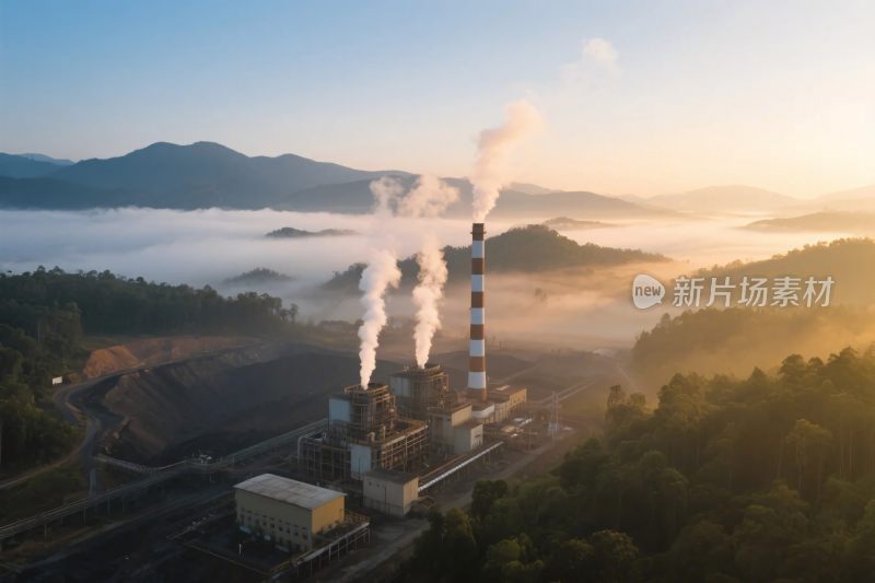 晨曦中的工厂与山间美景