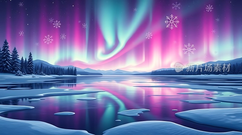 极光映雪夜湖畔