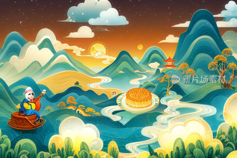 中秋节月饼创意国风插画