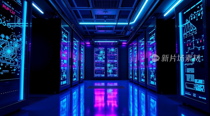 科技感数据中心走廊未来主义风格服务器机柜
