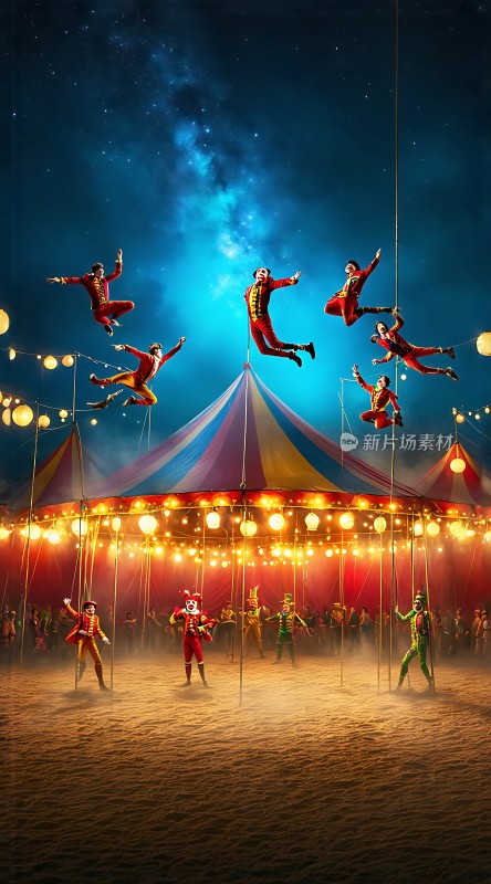 夜幕下的马戏团空中杂技演员与地面表演者的精彩对决