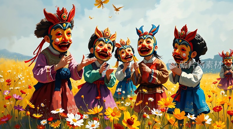 多彩面具舞者花海欢歌