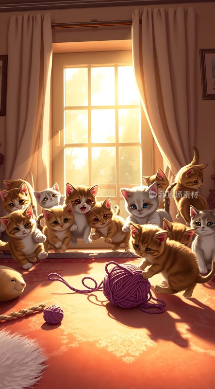 阳光下的可爱小猫玩耍场景