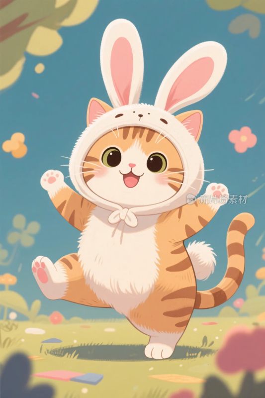 卡通小猫戴兔帽