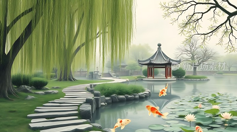 湖畔垂柳亭阁映翠波